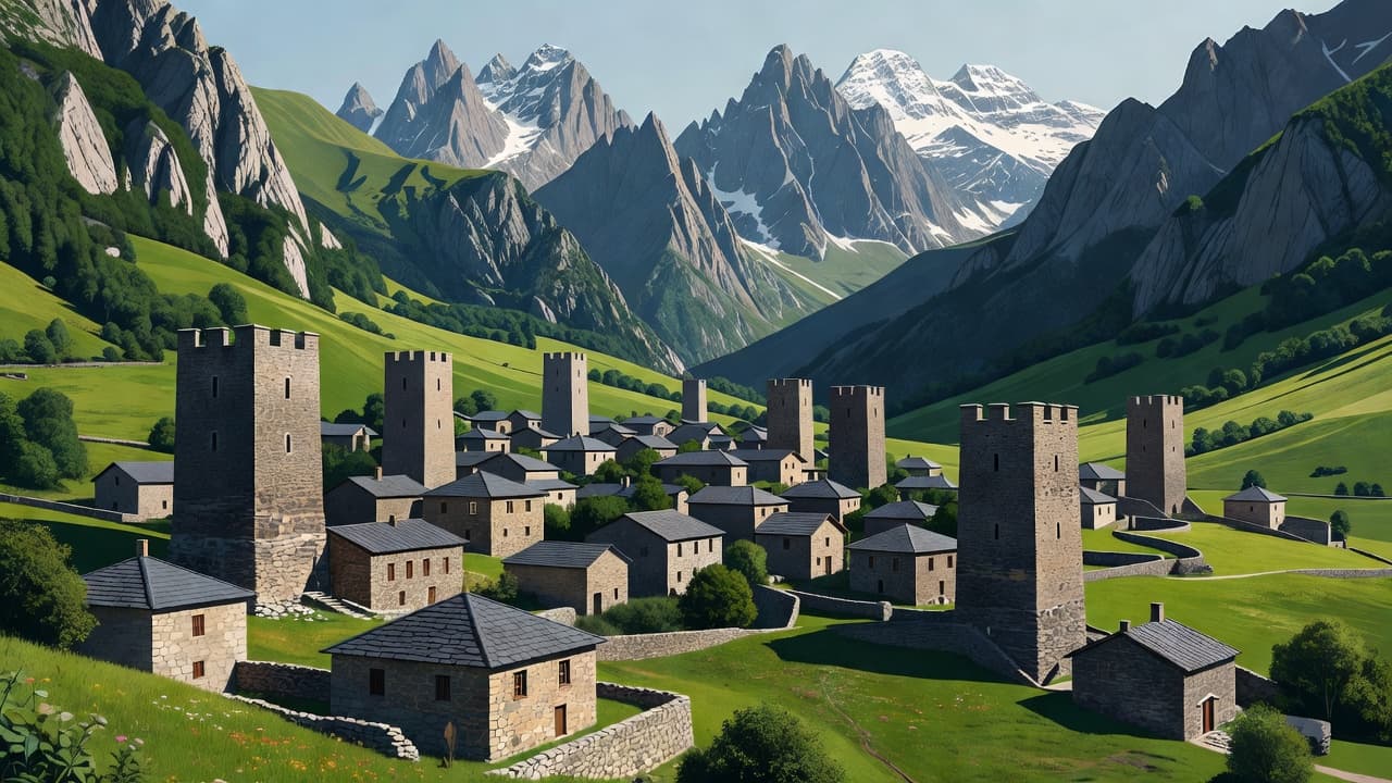 Ancient stone defensive structures rise above a cluster of houses within a verdant valley. Sharp, snow-dusted mountain peaks provide a dramatic backdrop to this quiet, illustrated Georgian landscape scene.