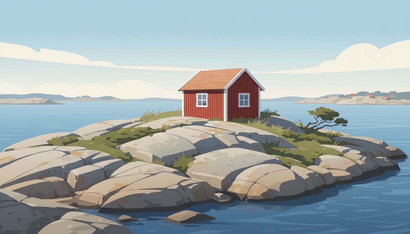 A vibrant red wooden cottage sits atop a rugged rocky island surrounded by a calm blue sea. This illustration features clean geometric shapes and soft summer light across the coastline.