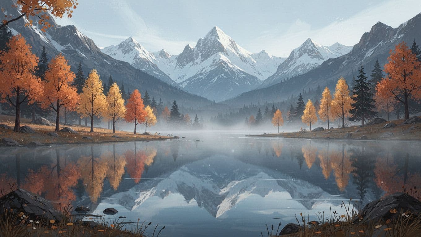 A calm lake surface mirrors vibrant orange and gold autumn trees along the shoreline. In the distance, snow-dusted mountain peaks emerge from a thin layer of morning mist under soft light.