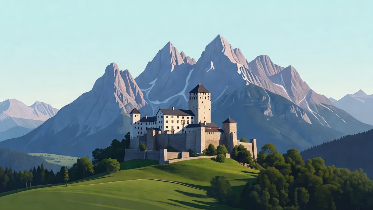 The iconic Vaduz Castle sits atop a vibrant green hill, framed by jagged snow-capped alpine peaks under a clear sky. Clean, flat shapes define the fortress architecture and surrounding mountain range.
