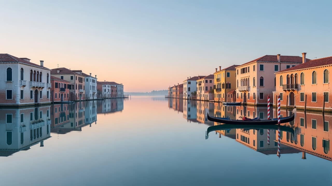 A lone gondola rests against a striped wooden post within a calm, pastel-colored canal. Soft light illuminates old, muted architecture reflecting beautifully across the serene, still water at daybreak.