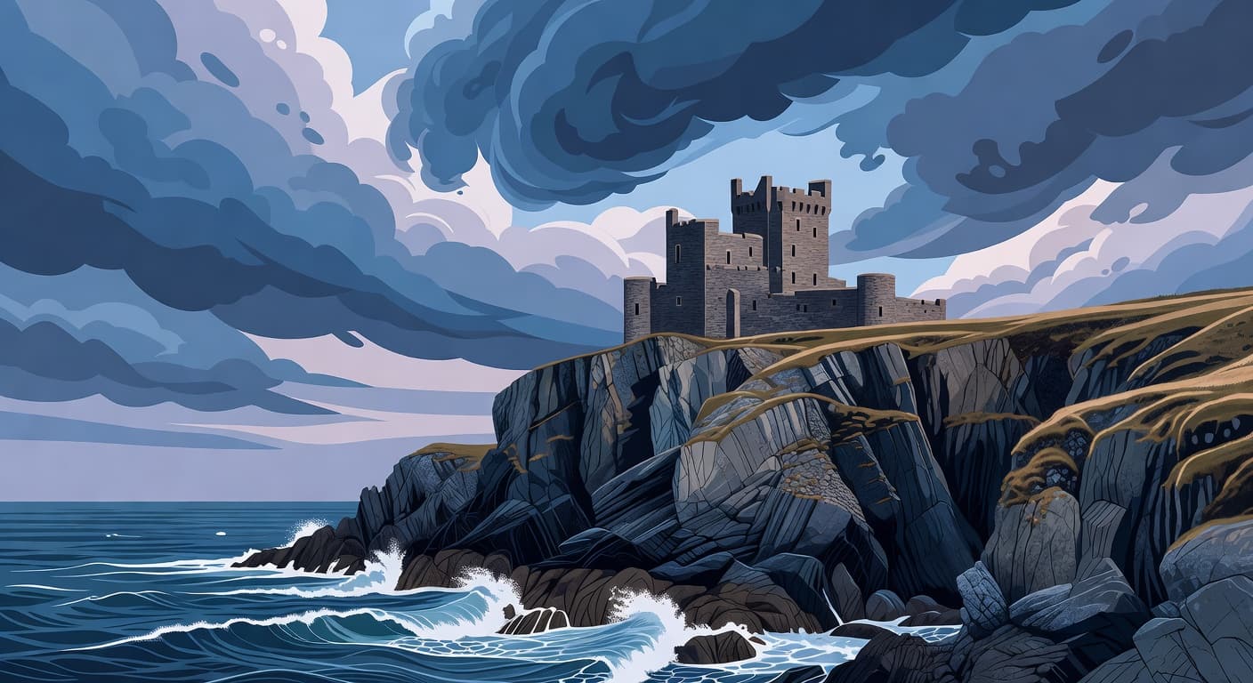 A minimalist illustration shows a grey stone fortress standing atop jagged coastal cliffs. Dramatic dark clouds swirl in the sky above the turbulent ocean, rendered in muted earth and blue tones.