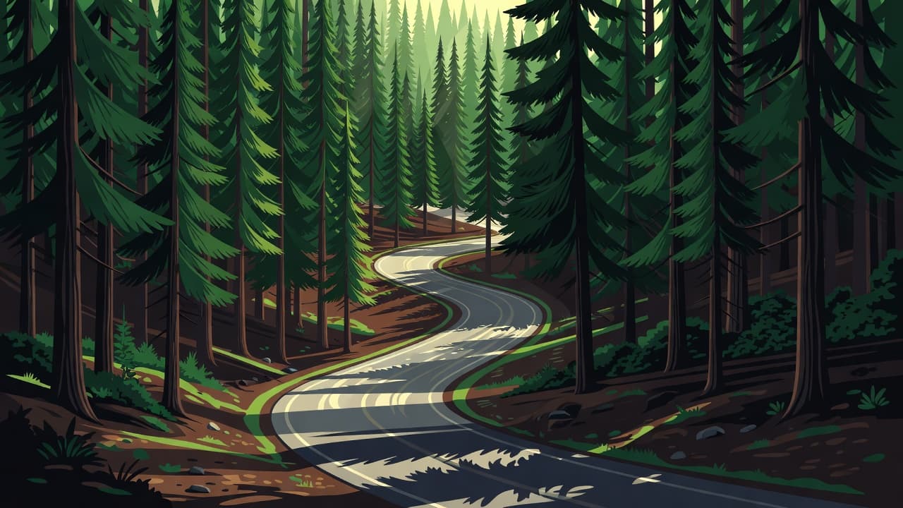 A narrow road curves through a dense forest of towering fir trees. Sunlight filters through the overhead canopy, creating high-contrast patches of light and shadow across the rich, earthy forest floor.