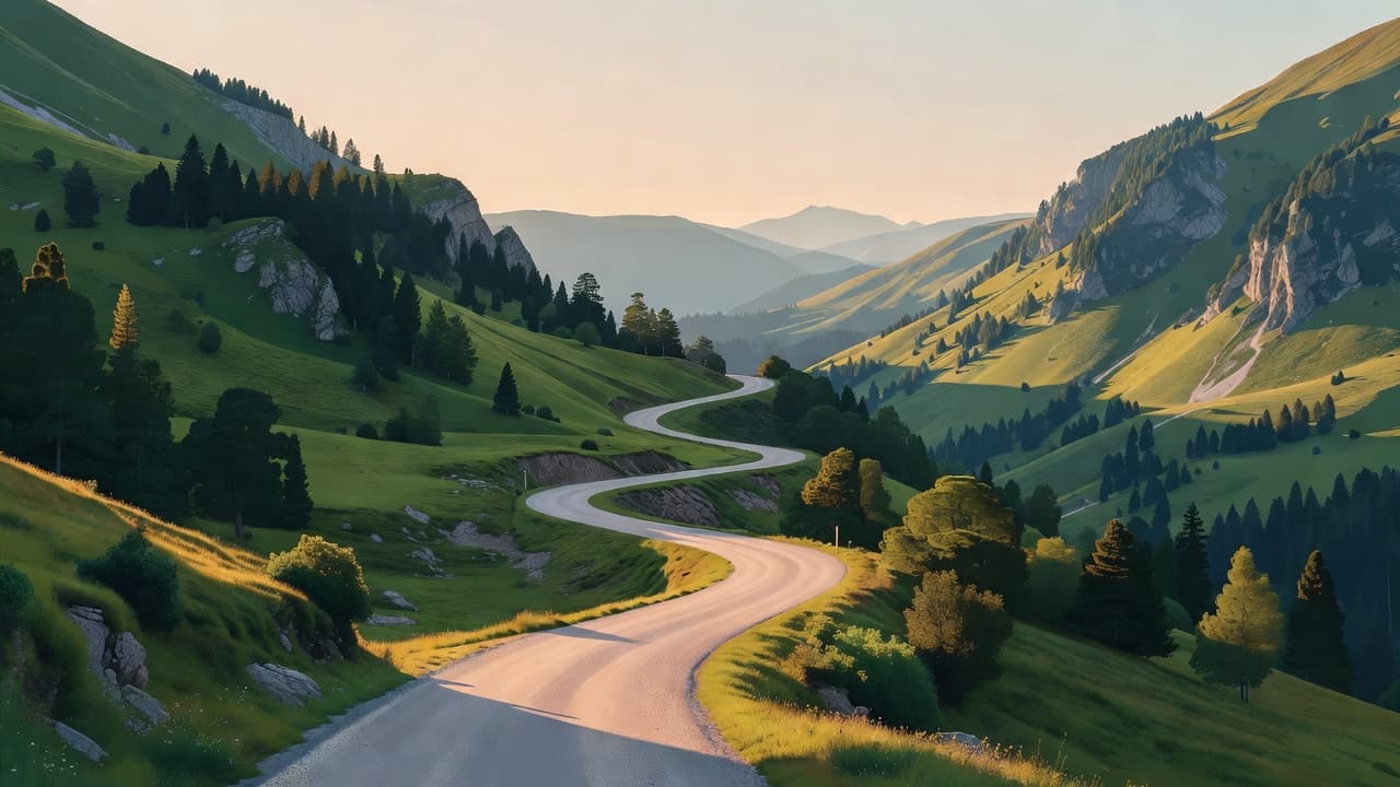 A narrow paved road snakes through a verdant high mountain valley, flanked by steep, grassy slopes. The scene is rendered in a minimalist illustration style with soft, golden sunlight casting shadows.