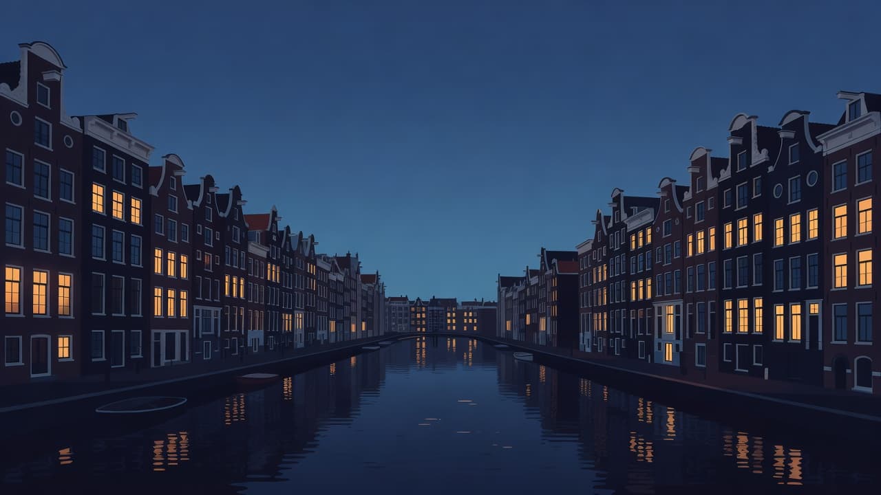 Glowing townhouses reflect in the dark water of a quiet Amsterdam canal at twilight.