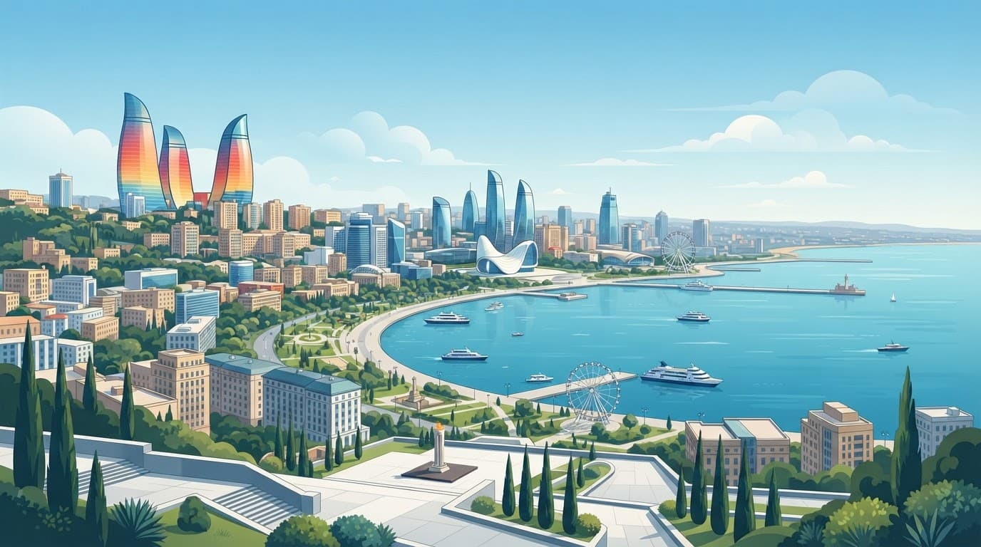 Panoramic view of Baku's futuristic skyline beside a wide blue bay.