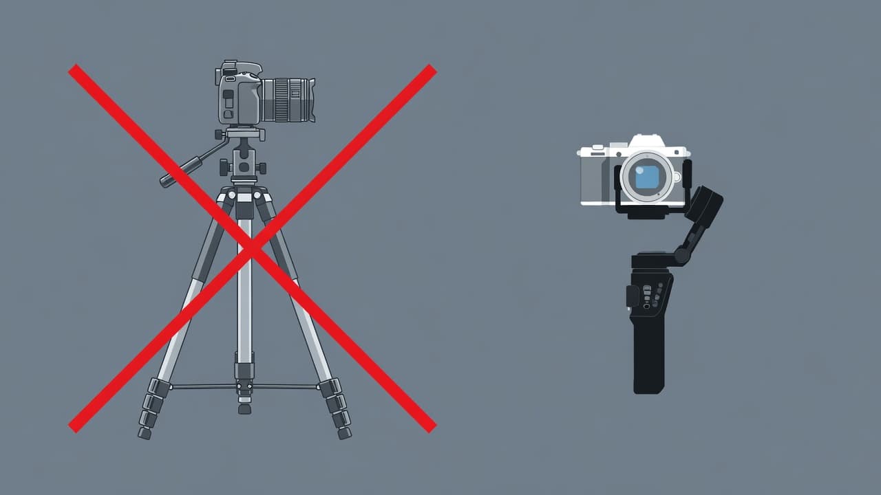 A flat graphic showing a prohibited large tripod crossed out next to an allowed handheld camera stabilizer.
