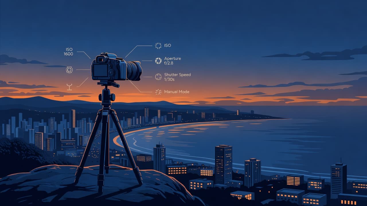 A minimalist professional camera stands mounted on a sturdy tripod, aimed at a sprawling coastal city harbor. The scene captures the transition of dusk with sharp geometric shapes and contrasting warm tones.