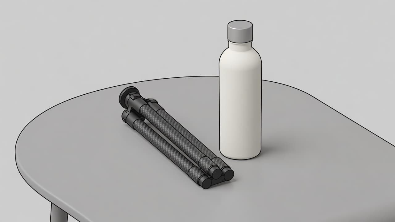 A folded carbon fiber travel tripod sits on a table next to a water bottle for scale.