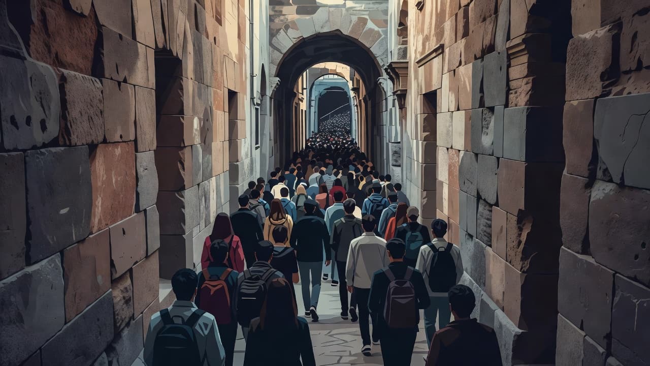 People walk through a narrow and crowded stone corridor inside an old monument.