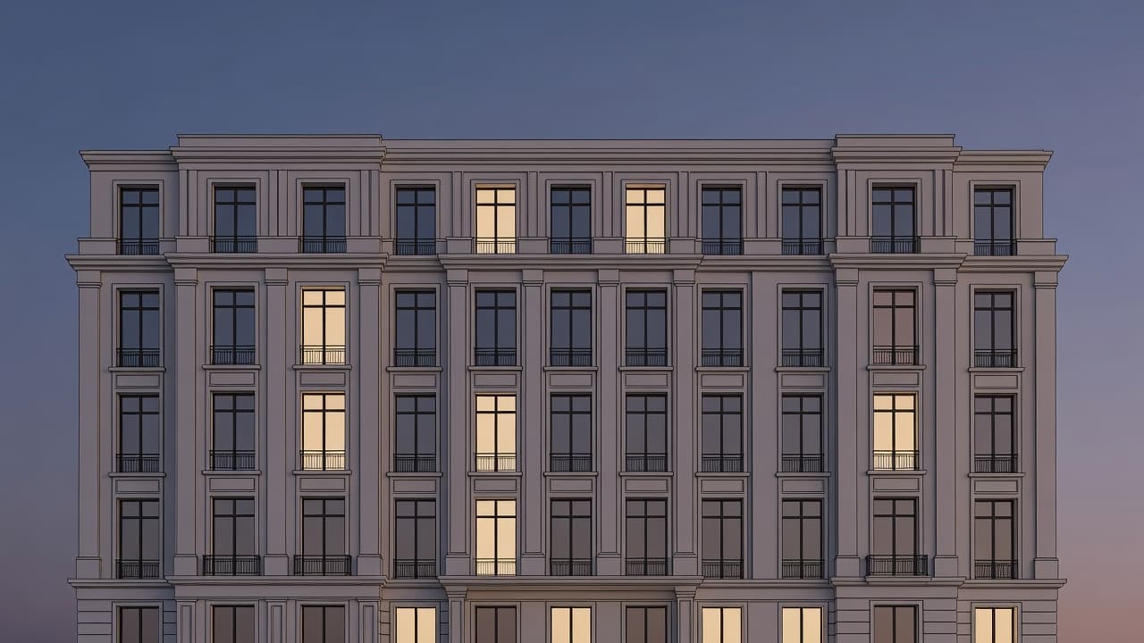The intricate stone exterior of a grand European structure glows under twilight conditions. Geometric carvings and symmetrical window patterns stand out against a soft ambient backdrop of deep evening shadows.
