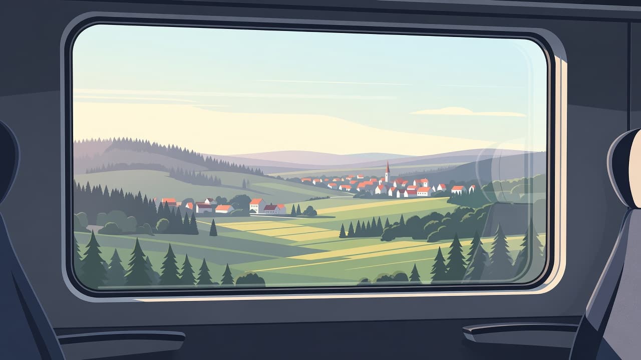 A scenic European valley viewed through a clean train window in the morning light.
