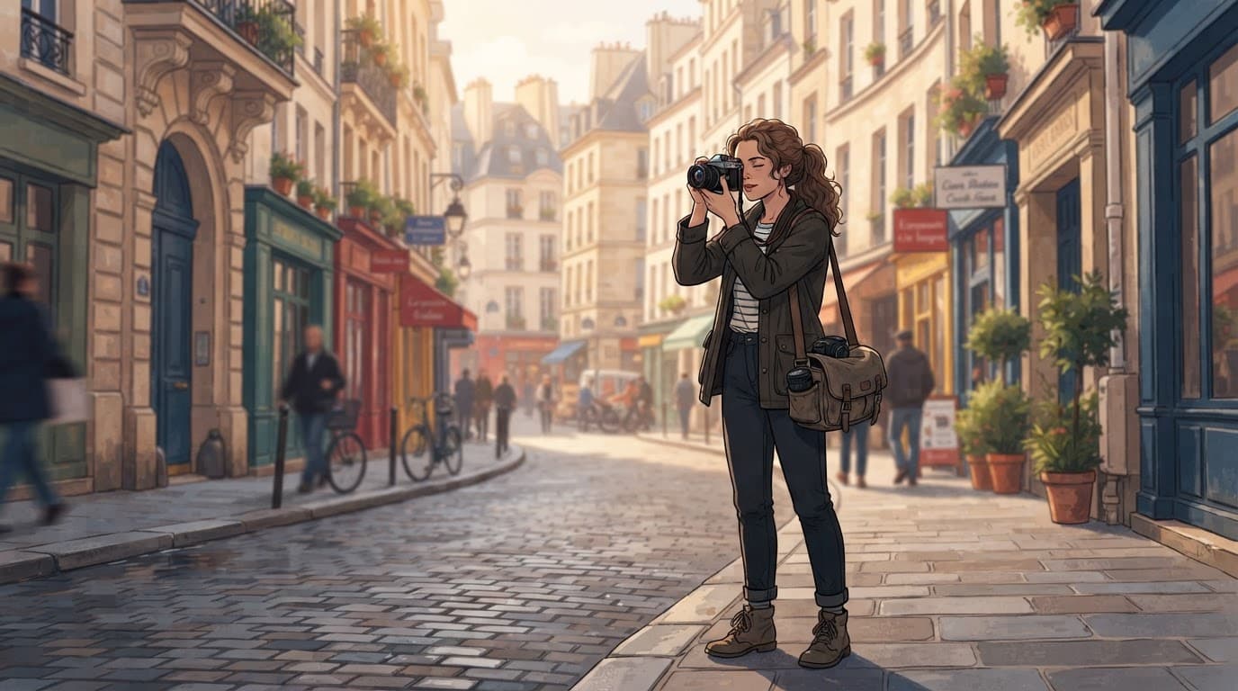 A photographer holding a camera on a sunny European city street.