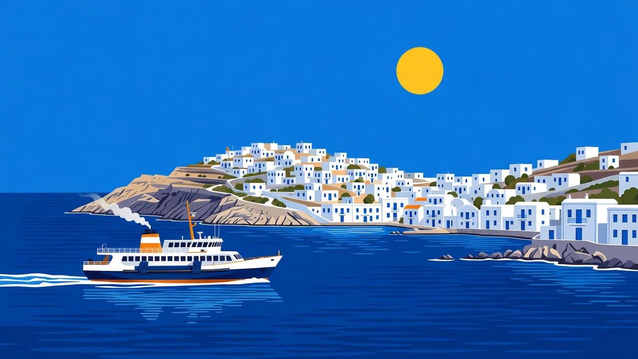 A ferry boat travels toward a white Mediterranean town perched on a hillside by the sea.