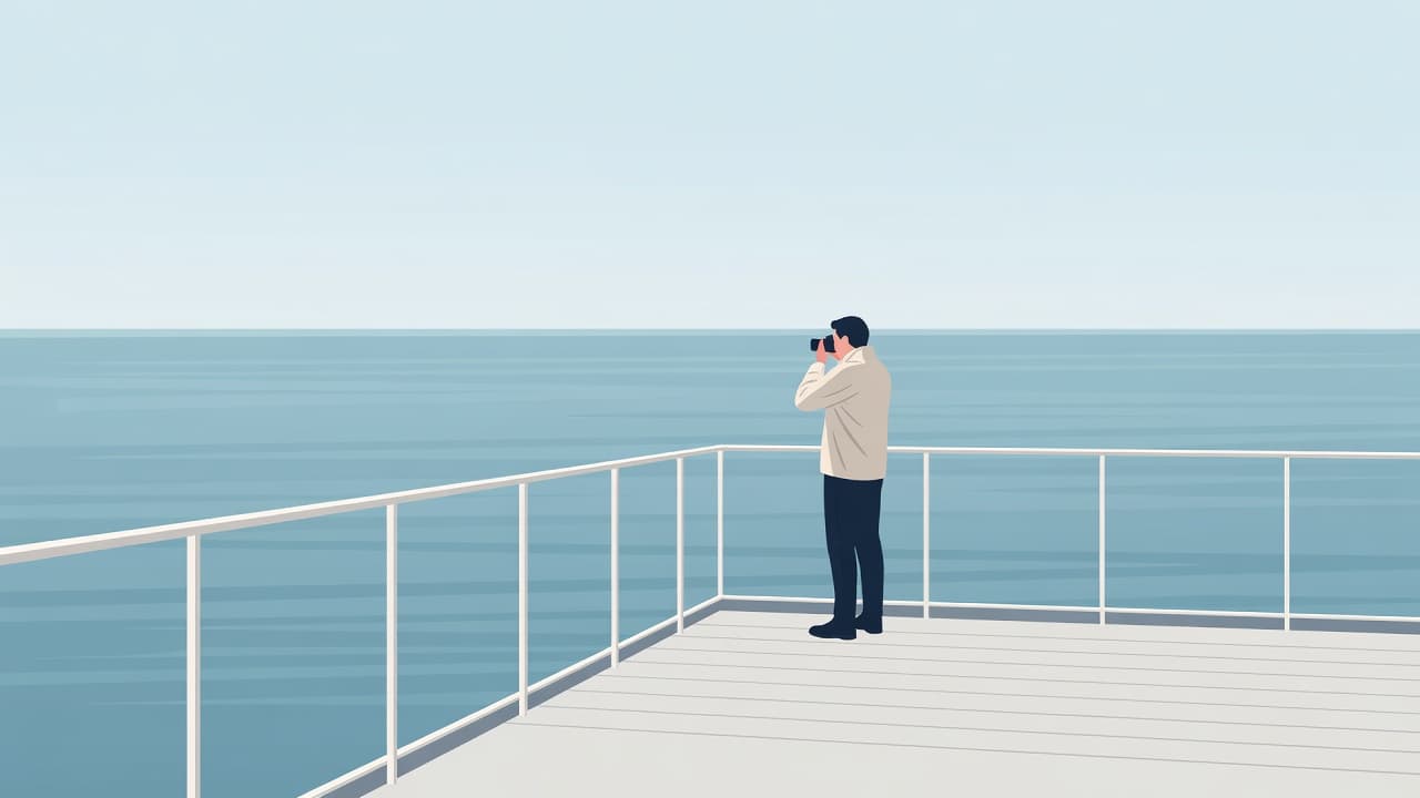 A traveler with a camera stands by a ferry railing looking out over the open ocean.