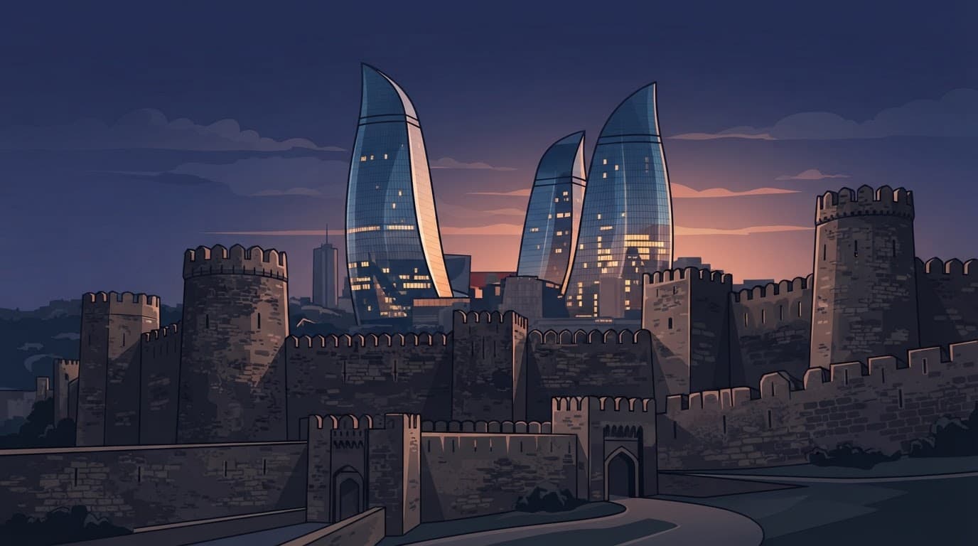 Flame-shaped glass towers rise behind ancient stone fortress walls at dusk.