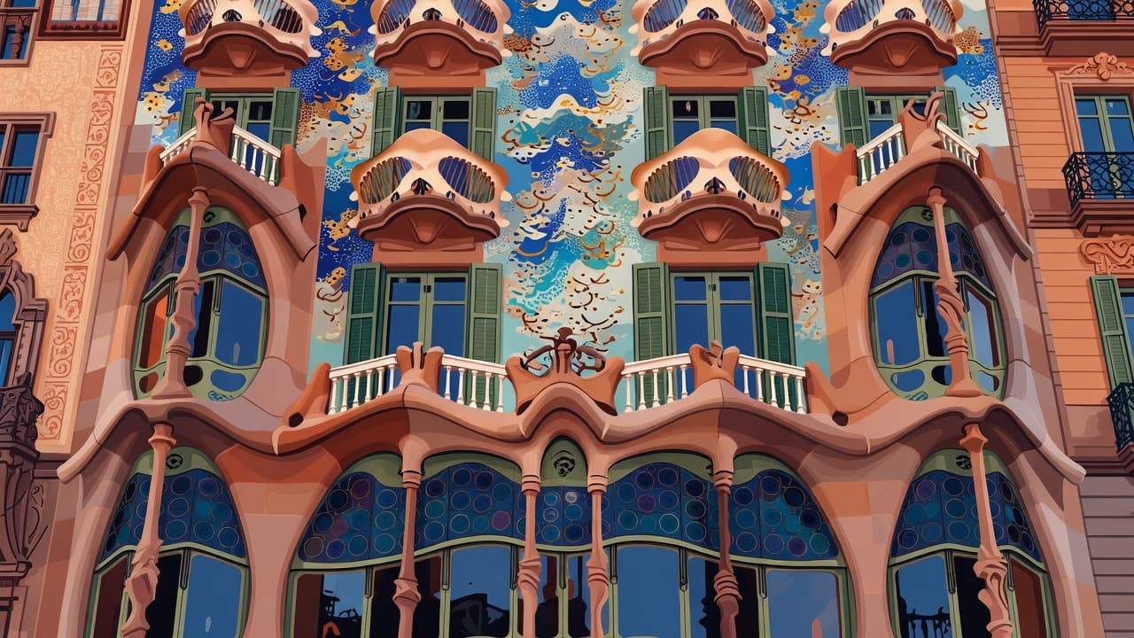 An architectural illustration of a curved Barcelona facade with mosaic tiles and balconies.