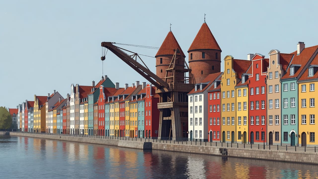 Colorful historic buildings along a river with a medieval wooden crane in the distance.