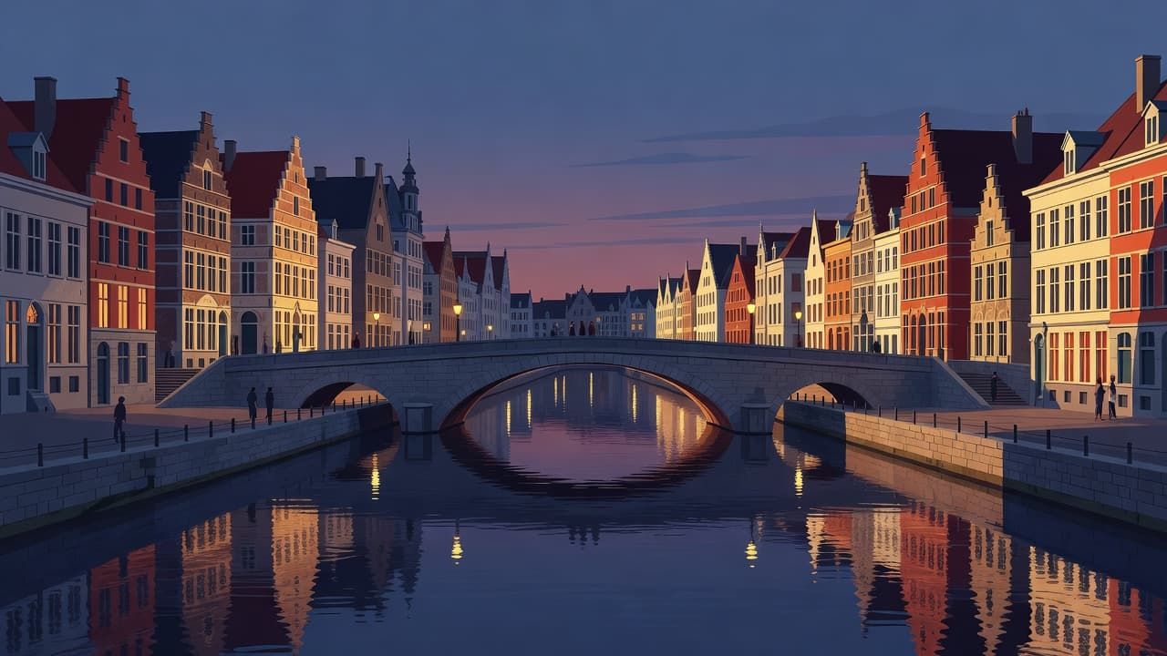 Rows of historic guild houses glow with warm light along the waterfront, casting vibrant reflections across the dark canal. Pedestrians gather on a stone bridge, observing the tranquil evening scene below.
