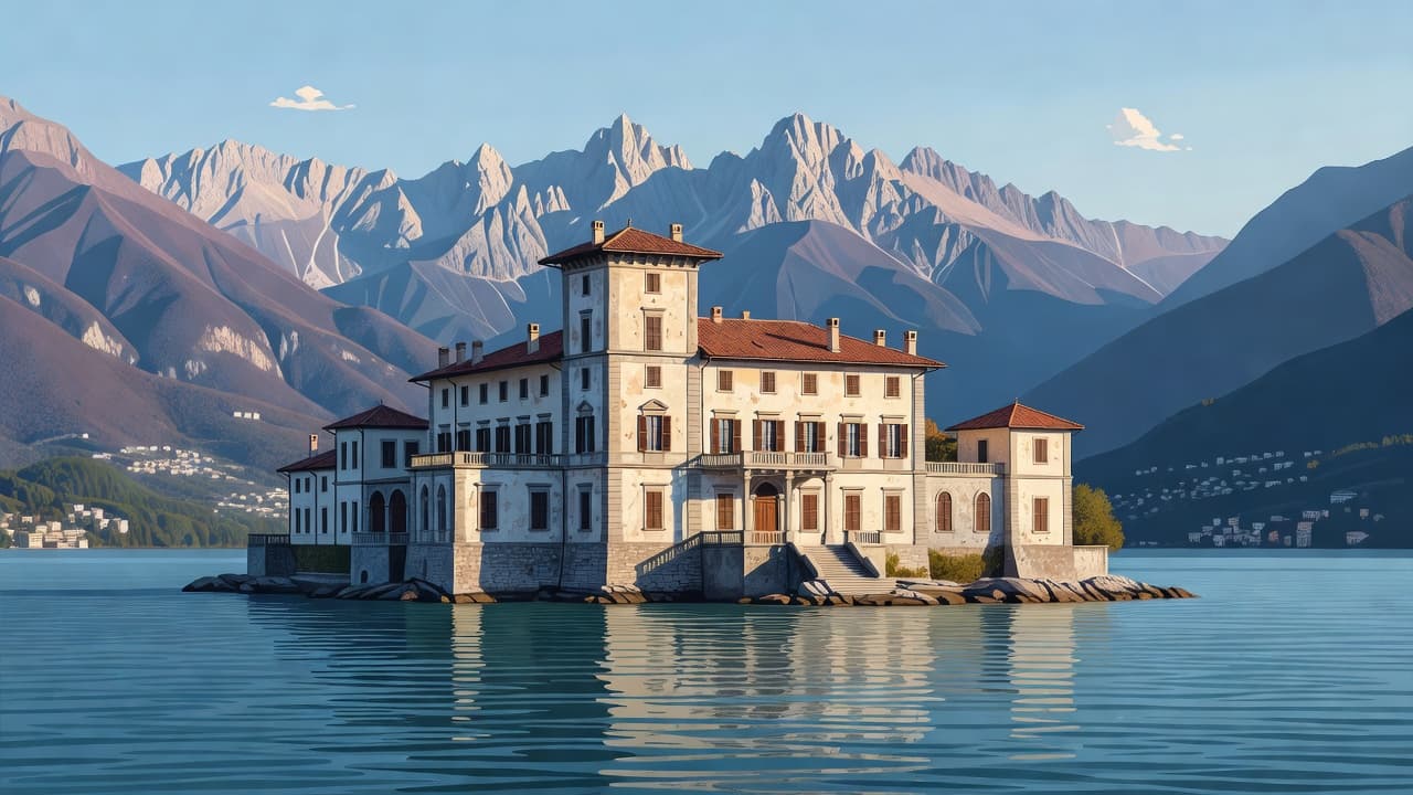 An illustration of a historic villa on Lake Como with snowy mountains behind it.