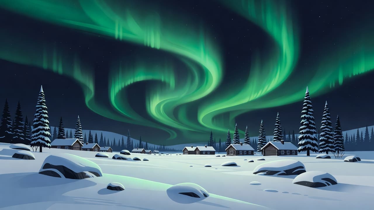 A vibrant green aurora borealis lights up the night sky above a snowy Lapland landscape.