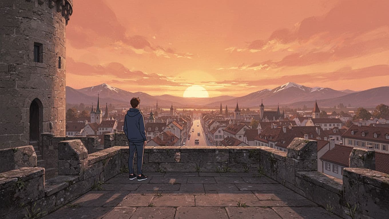 Vibrant hues of orange and purple paint the sky above a historic European city as seen from a stone terrace. Distant jagged mountains frame the horizon under clean geometric architectural lines.