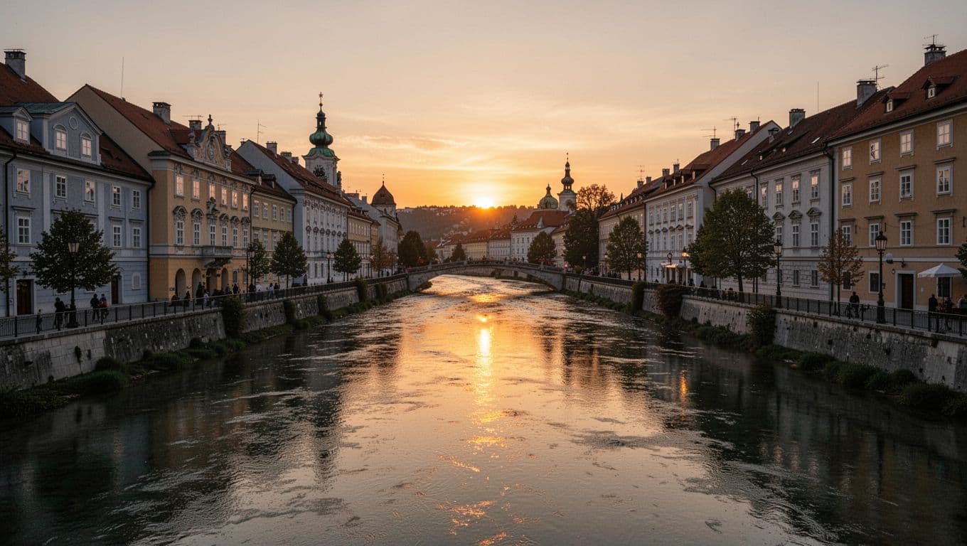 Clean illustrations capture the Ljubljanica River winding past old town buildings during sunset. The warm golden light reflects off the calm water while dark architectural silhouettes frame the tranquil evening horizon.