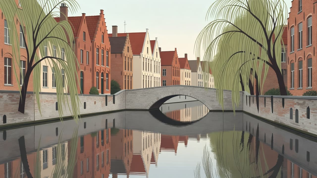 Historic brick buildings line a peaceful waterway with vibrant reflections shimmering on the surface. An arched stone bridge spans the distance while graceful willow branches hang low over the calm water.
