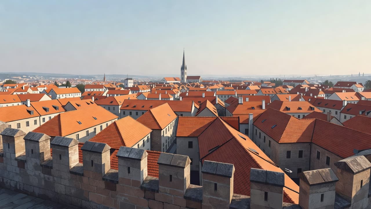 A stone battlement overlooks rows of weathered orange-tiled roofs under a pale dawn sky. In the far distance, a tall church spire rises gracefully above the historic urban landscape's dense architecture.