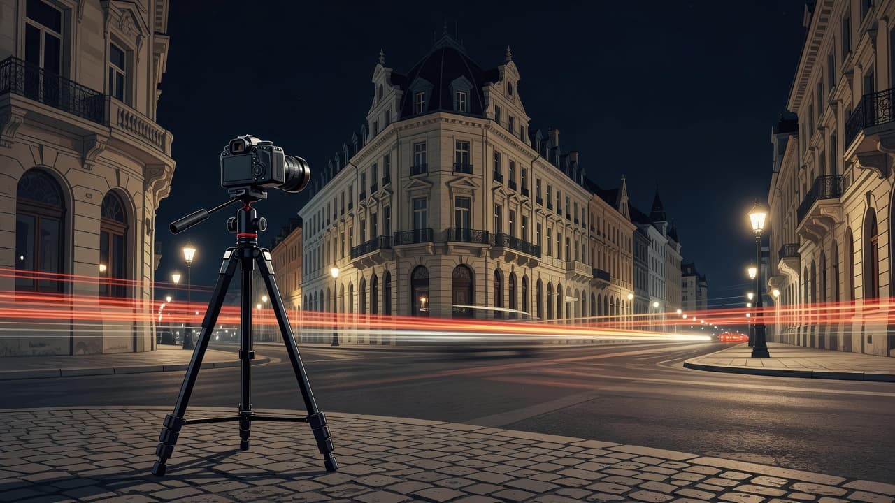 A camera on a tripod capturing light trails and historic buildings in a city at night.