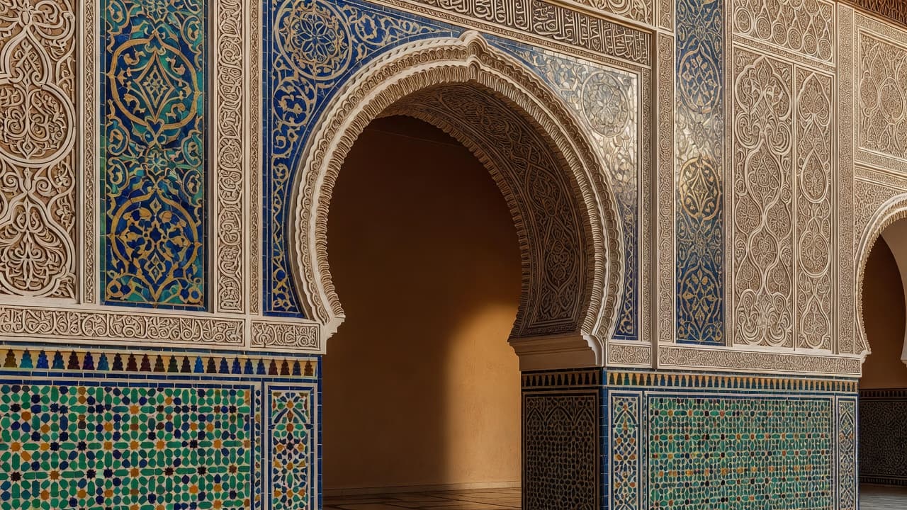An ornate Moorish archway with detailed wall tiles illuminated by soft, warm light.