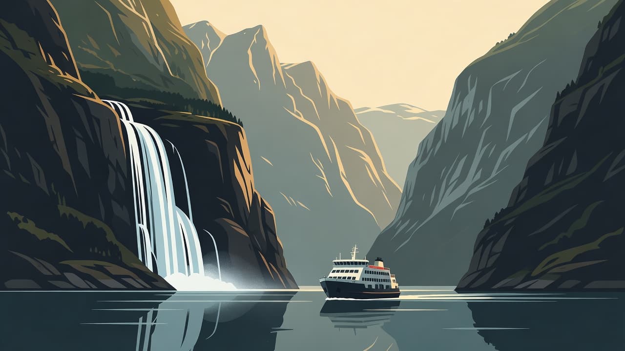 A stylized ferry travels past steep cliffs and a waterfall in a deep fjord at sunset.