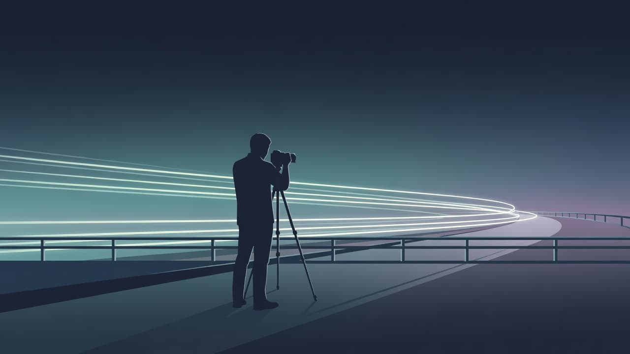 A photographer uses a tripod on a bridge to capture streaks of light from traffic at night.
