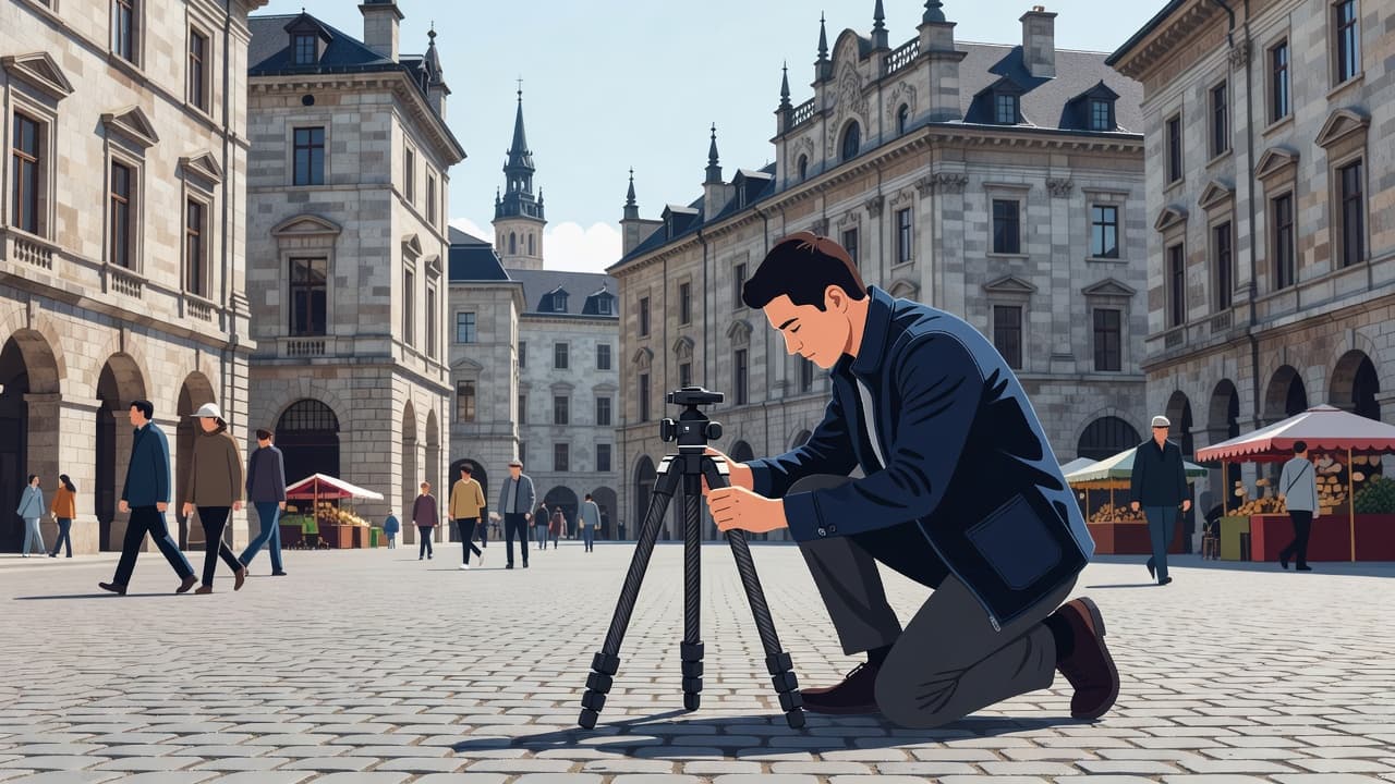 A photographer sets up a sleek portable tripod in an old European city square.
