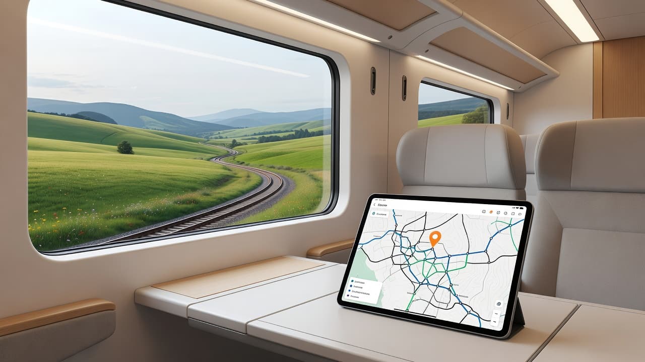 A flat-style illustration shows a tablet displaying a train route map held indoors. Through the adjacent window, rolling green countryside hills stretch toward the horizon under soft, gentle daylight.