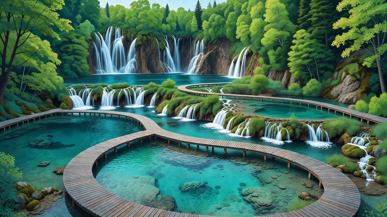 Wooden boardwalks winding over clear turquoise water and cascading travertine waterfalls.
