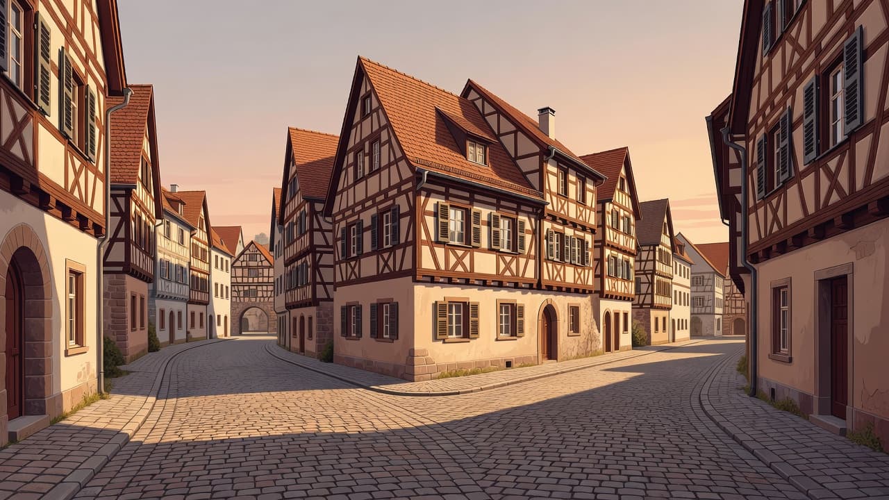 A narrow timber-framed building stands prominently where the cobblestone streets fork in this historic town. Soft morning light casts long shadows across the textured facades and quaint wooden architectural details.