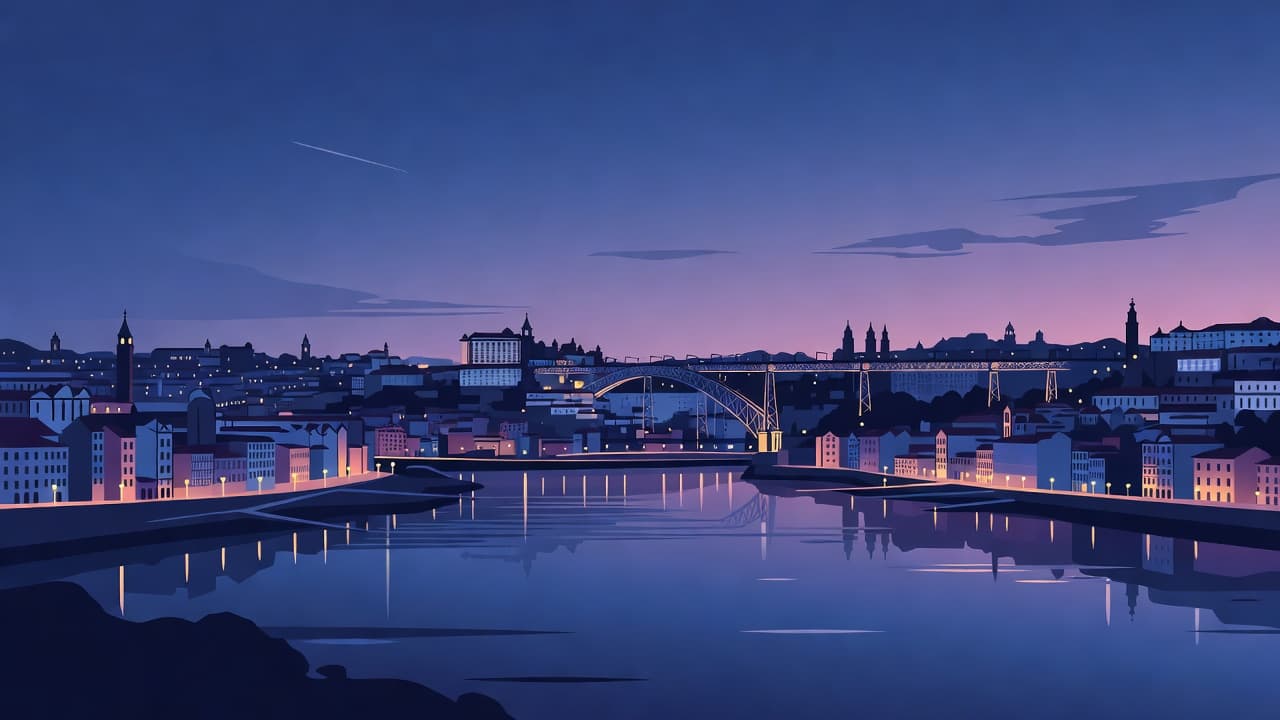 A minimalist riverfront view captures glowing city lights reflecting across dark blue water. Tall geometric building silhouettes stand against a deep purple sky during the calm, atmospheric blue hour transition.