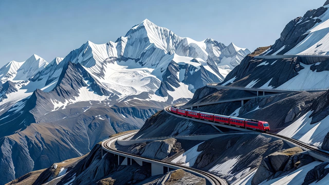 A vibrant red train car navigates a steep mountain railway track carved into a rocky slope. Sharp, snow-dusted peaks rise majestically in the distance under a bright and clear sky.