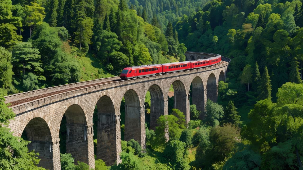 A vibrant red passenger train traverses the curved stone arches of a historic railway viaduct. Lush green forest canopy surrounds the bridge, creating a striking contrast between masonry and nature.