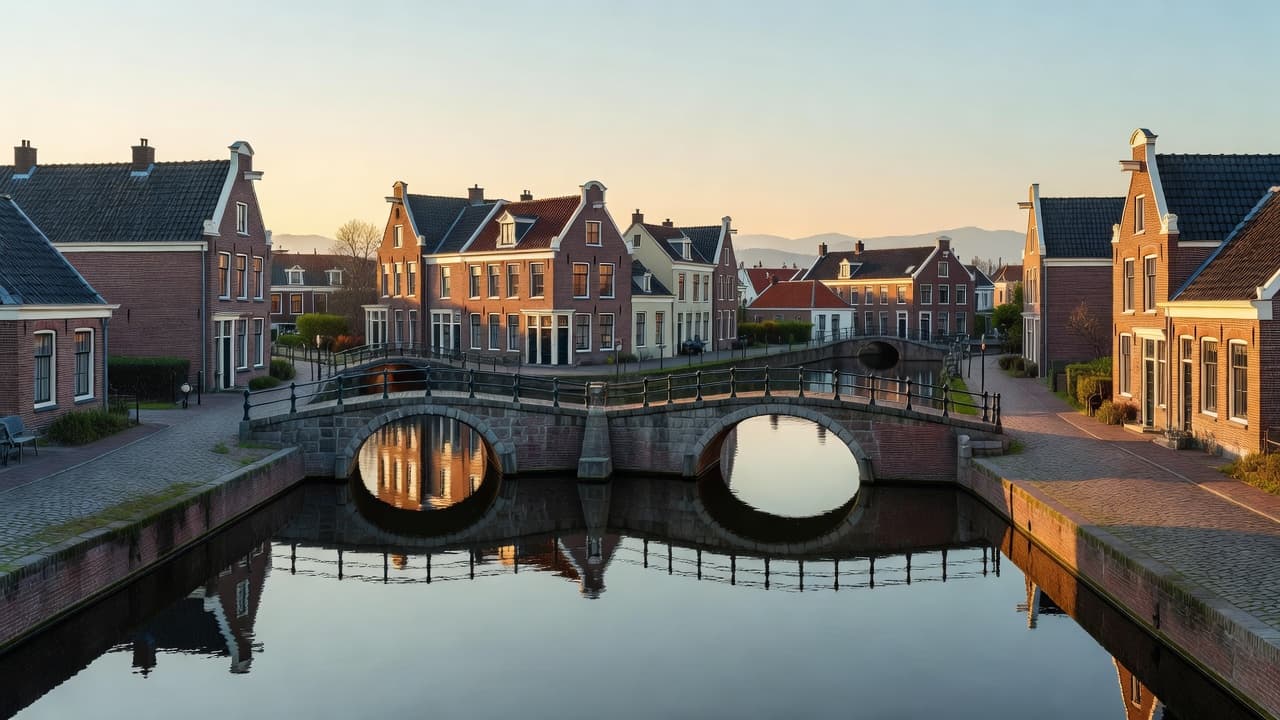 Historic gabled houses line a calm waterway, connected by a classic arched stone bridge under the warm glow of sunset. Potted flowers decorate the tranquil cobblestone paths throughout the quiet neighborhood.