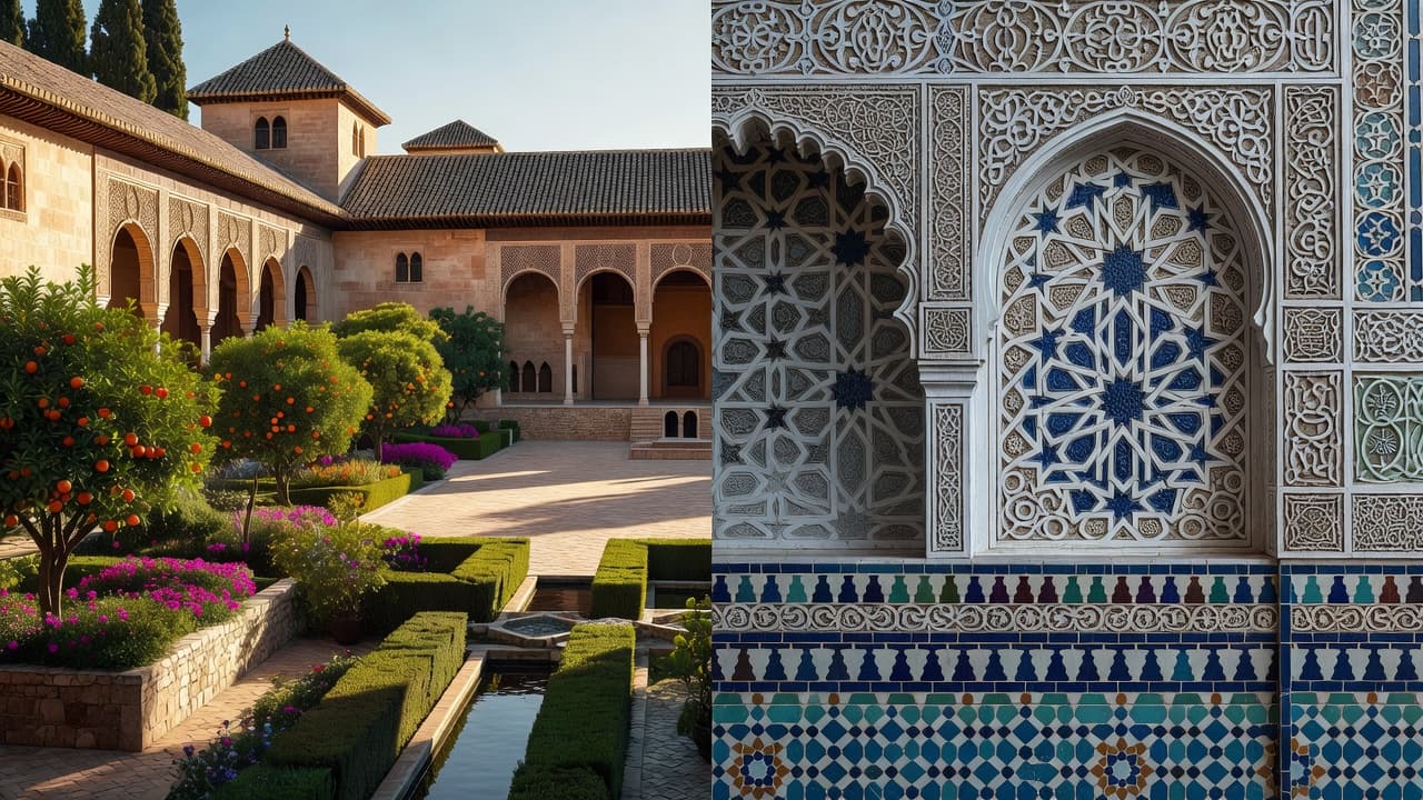 A split view showing an expansive palace courtyard on the left and detailed geometric wall patterns on the right.