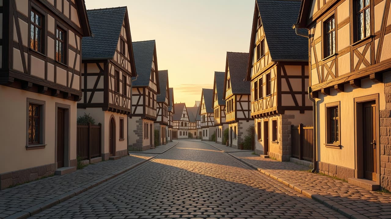 Warm sunlight illuminates the timber-framed walls and uneven stone ground of a deserted German village street at dawn. Tall, narrow houses line the quiet path, creating a serene early morning atmosphere.