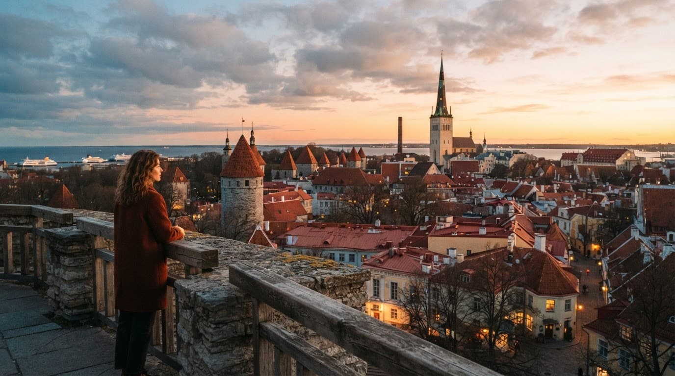 A lone traveler gazes at medieval towers and the sunset from a Tallinn viewpoint.