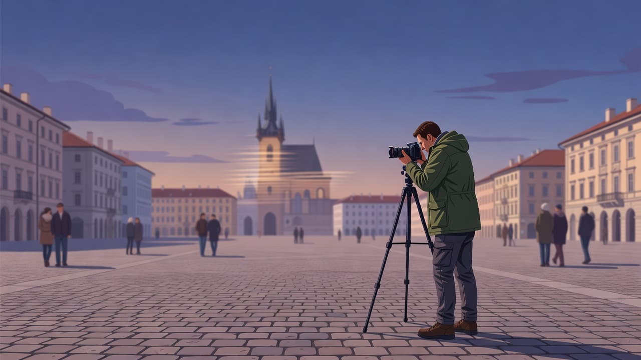 A photographer uses a tripod in a cobblestone square during twilight.