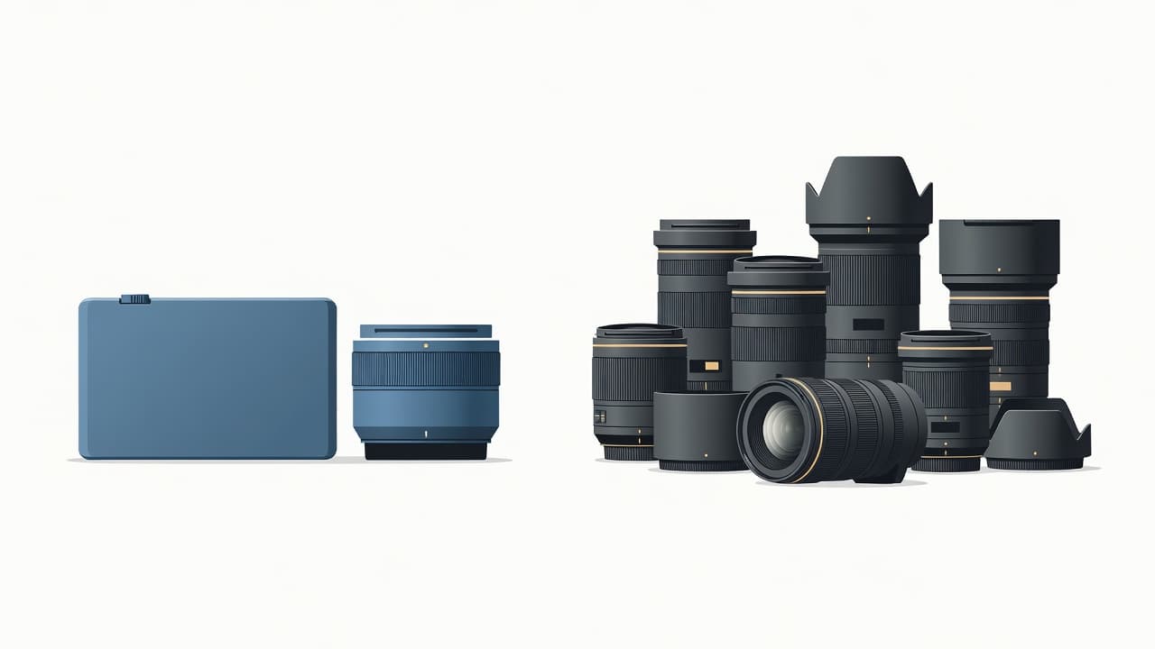 A clean illustration displays a compact camera on the left, contrasted with an extensive array of professional camera lenses on the right, arranged neatly against a plain white studio background.