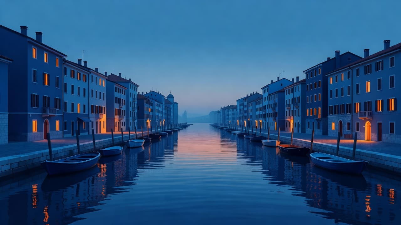 Historic buildings line the calm canal as golden lights from apartment windows reflect across the deep blue water. Several small boats rest peacefully along the stone edge during dusk.