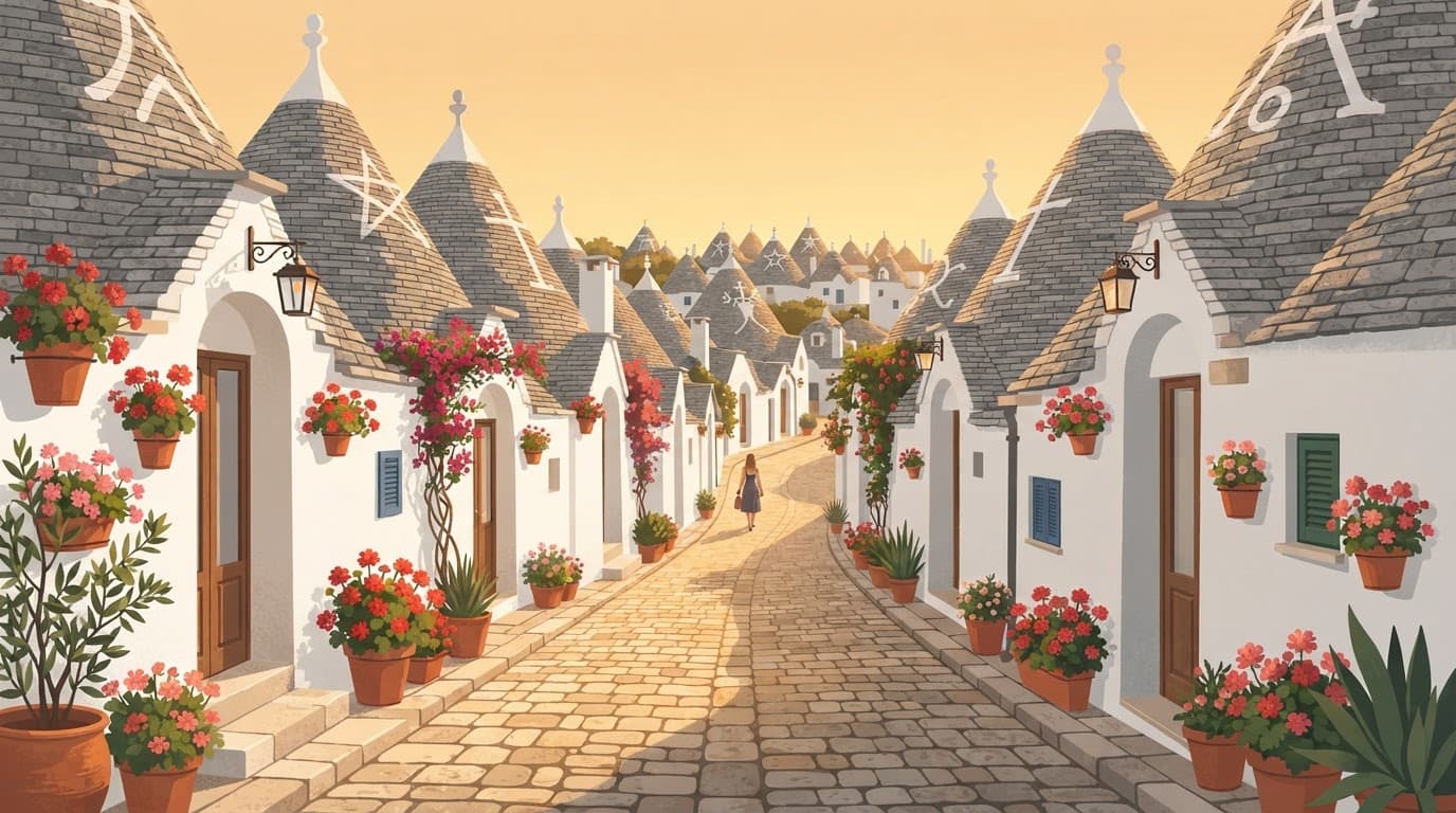 A sunlit cobblestone alley between white trulli houses with flower pots and one distant person.