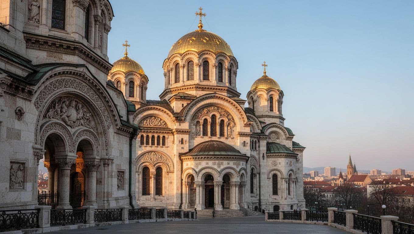 Carved stone arches lead toward Sofia's golden-domed cathedral in morning light.