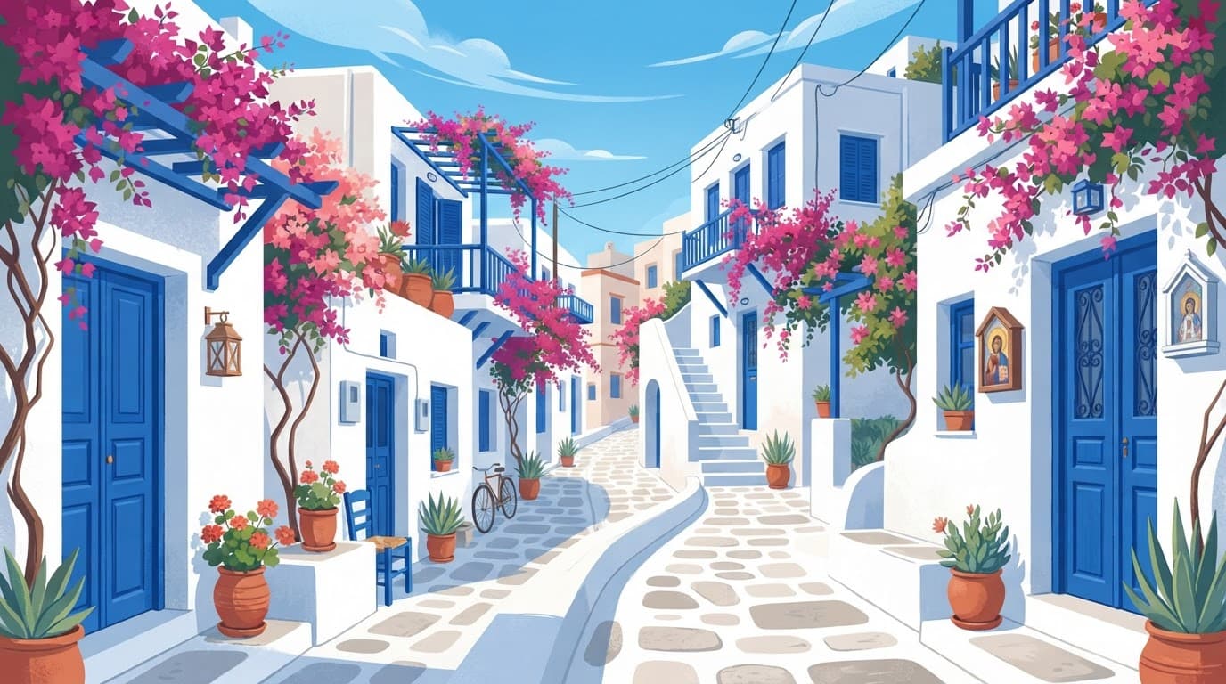 Whitewashed Anafiotika alleyways with blue doors and blooming bougainvillea.